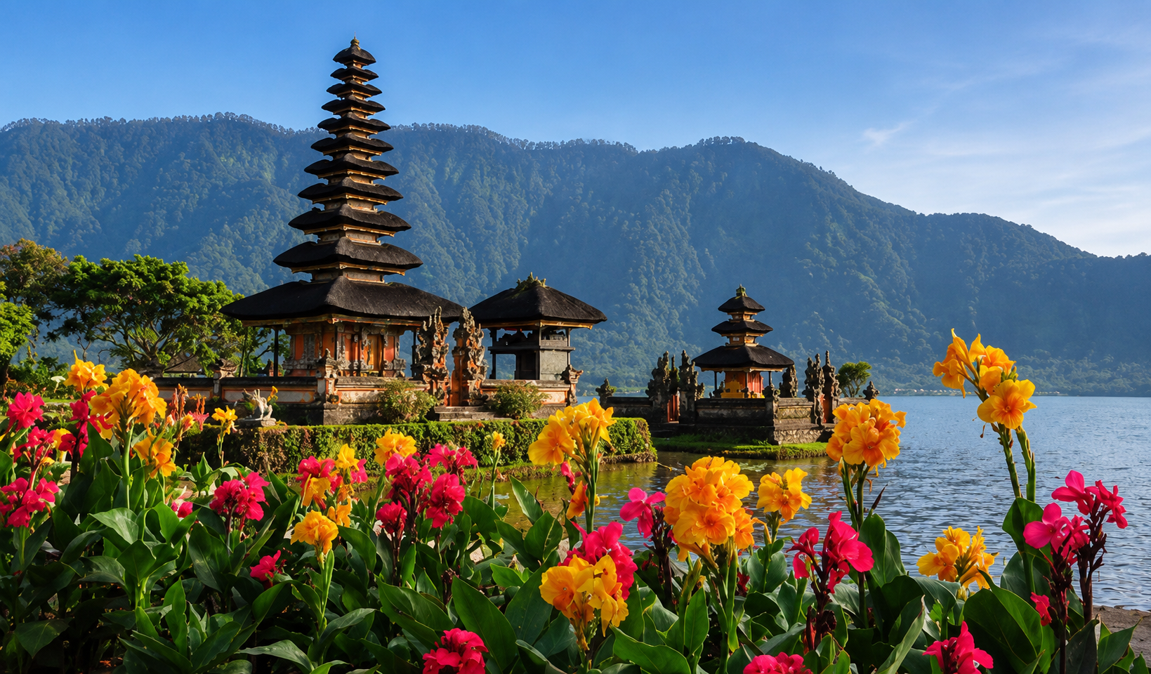 Tempel am See mit bunten Blumen und Bergen im Hintergrund bei sonnigem Himmel.