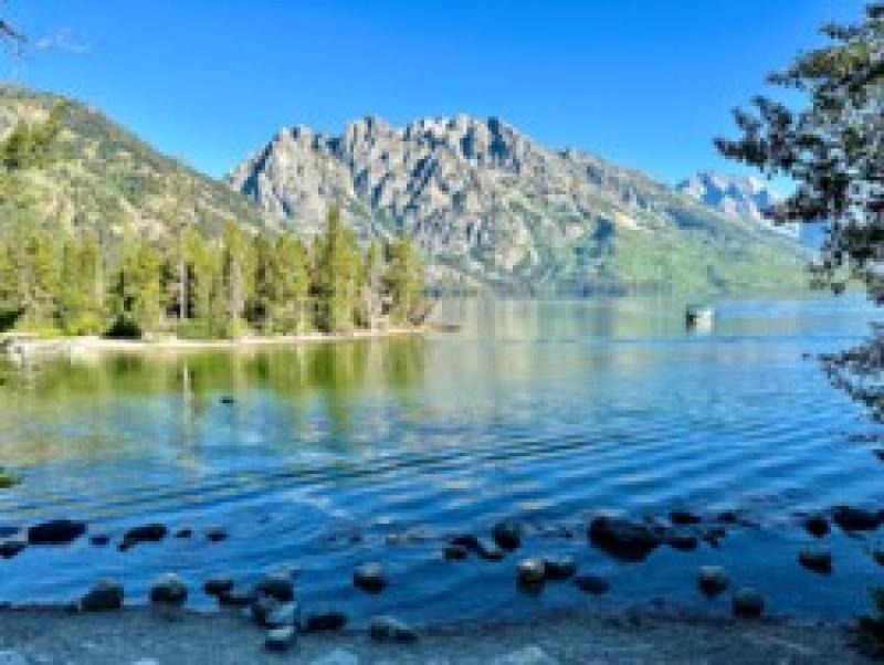 Bergsee mit klarem Wasser, umgeben von Tannenwald und felsigen, hohen Bergen unter blauem Himmel.
