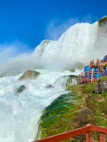 Tosender Wasserfall mit blauem Himmel, Besucher auf Holzstegen, grüne Vegetation am Ufer.