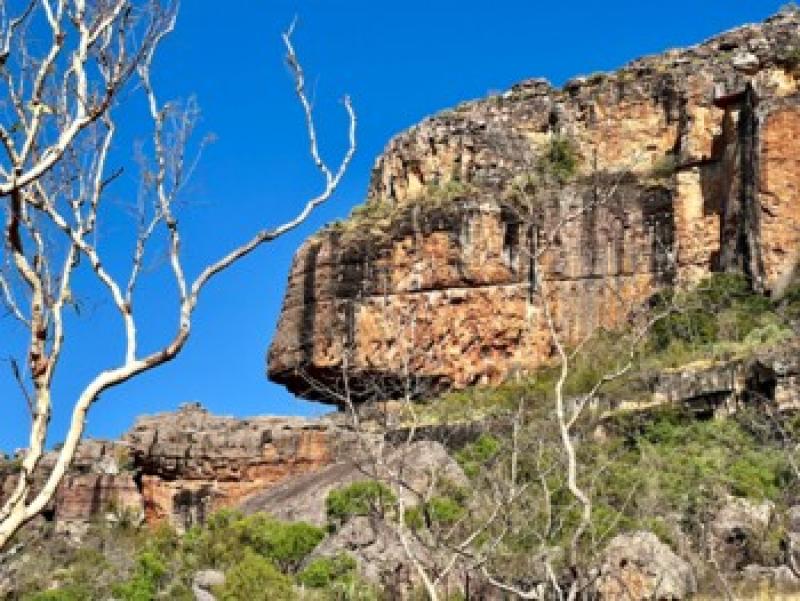 Felsige Landschaft mit hohen Klippen, sp&auml;rlicher Vegetation und klarem blauem Himmel, ideal f&uuml;r Natururlaub.
