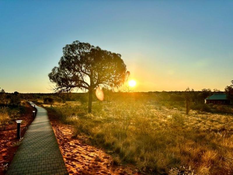 Ein sonniger Spazierweg f&uuml;hrt vorbei an Grasland und B&auml;umen inmitten einer weiten, roten Landschaft.